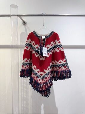 CHANEL Red Patterned Fringe Knit Poncho with Navy & Cream Accents